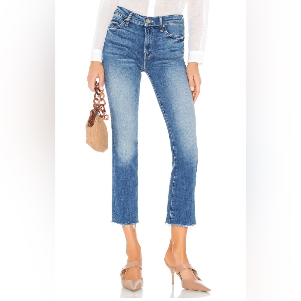 MOTHER Weekender Fray Jeans Mid Rise Medium Wash Raw Hem Slight Flare Crop Sz 26